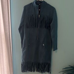 Fringe-Trim Long Sleeve Dress - dark blue